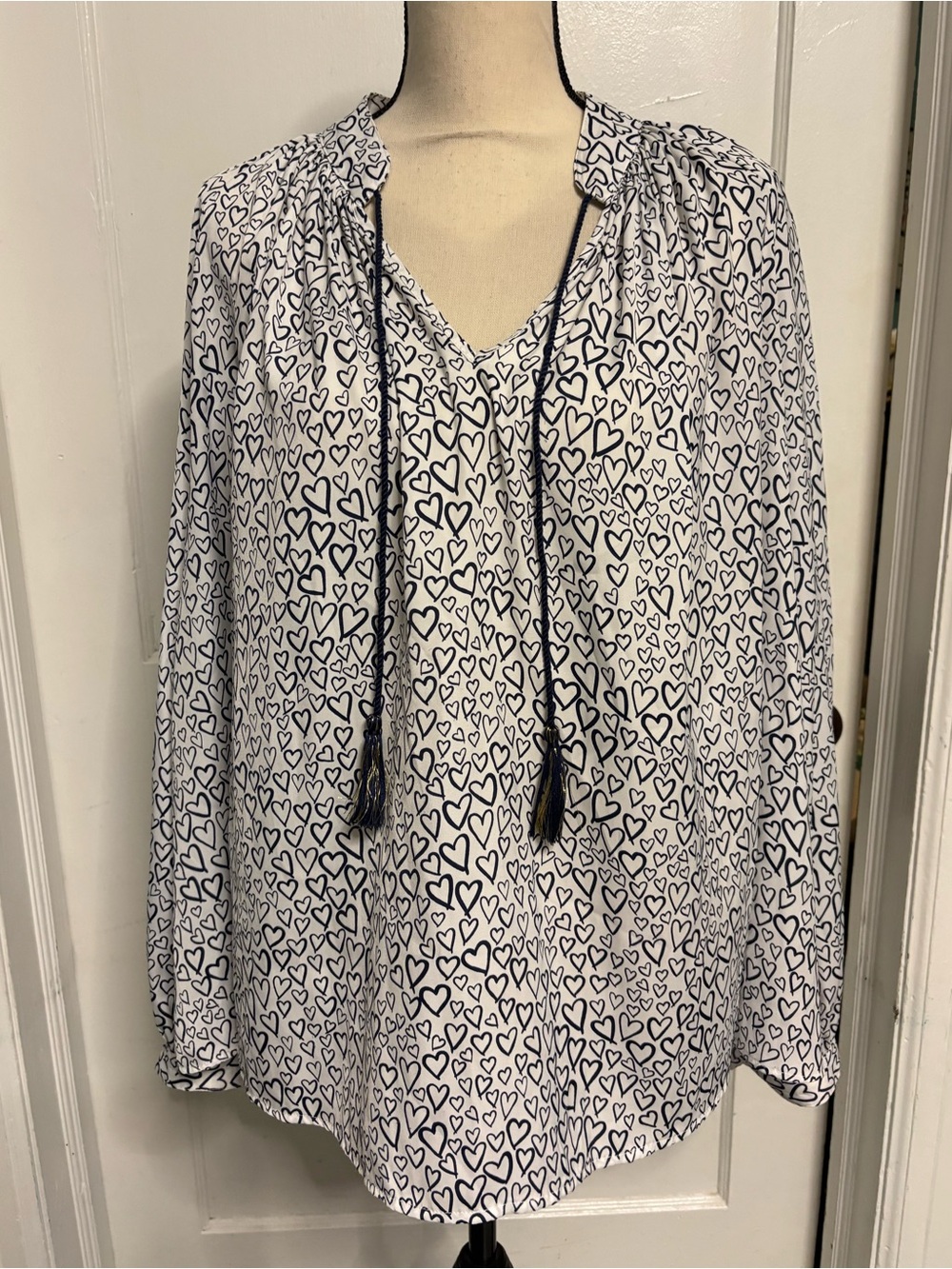 crown & ivy White Blouse with navy Heart Print and Tie Neck